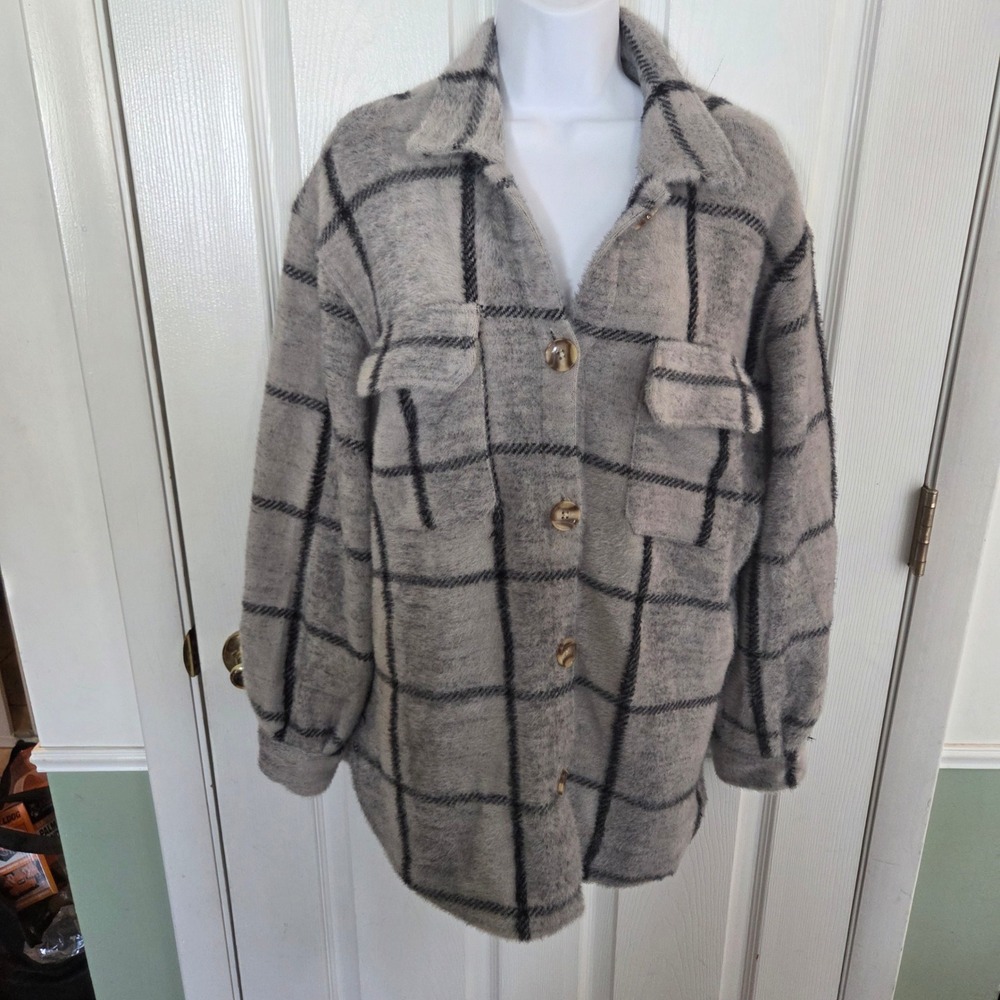 Z SUPPLY Womens Grey Black Windowpane Plaid Fuzzy Knit Shacket Shirt Jacket Sm